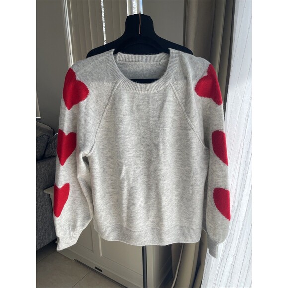 Cece Soft Gray Sweater Red Heart Raglan Pullover M - Picture 2 of 7